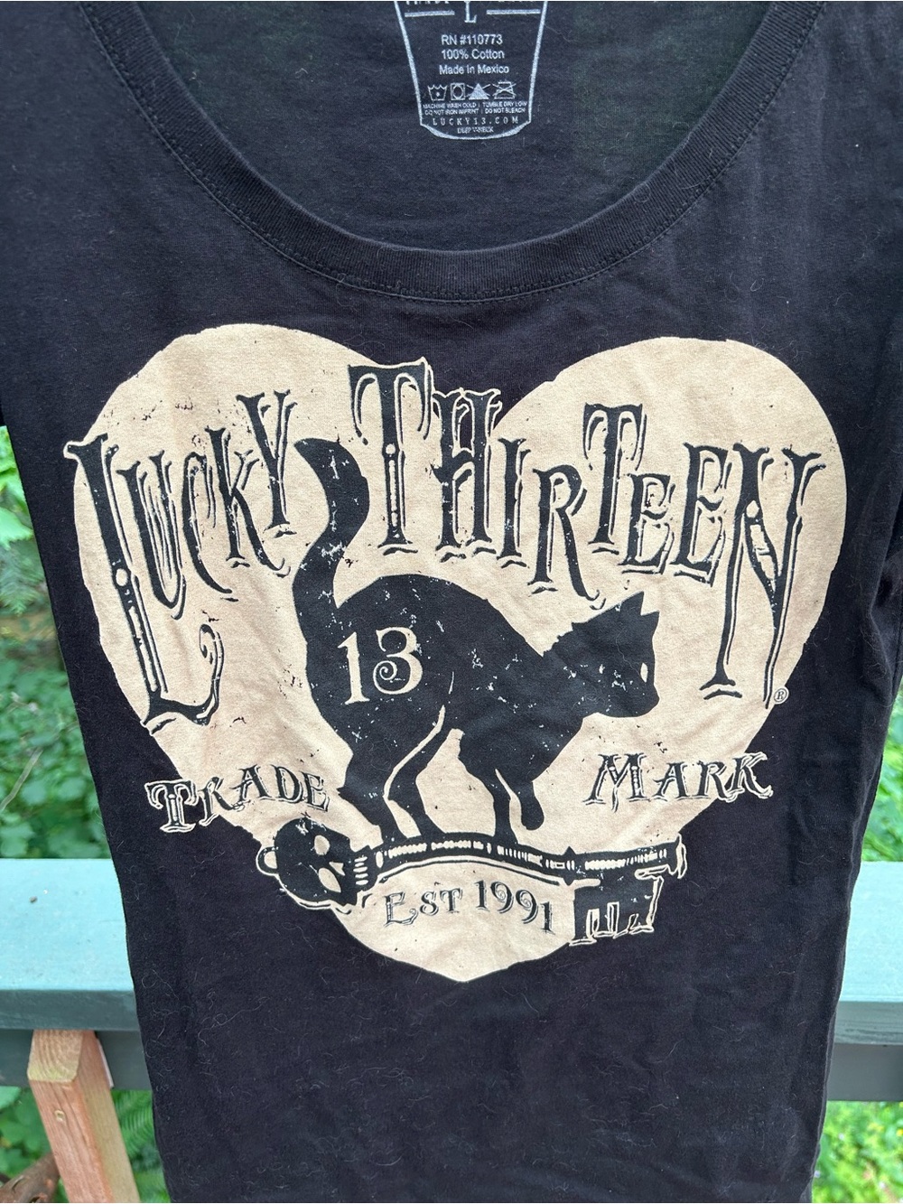 Lucky 13 Black Graphic Tee with Cream Heart & Cat - Picture 2 of 3